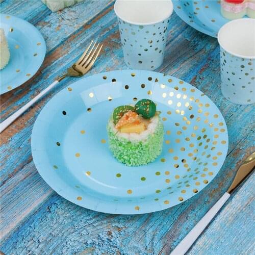 10Pcs Party Blue Gold Bronzing Point Dot Plates Cups Napking Straws Disposable Cutlery Sushi Dishes Tray For Picnic