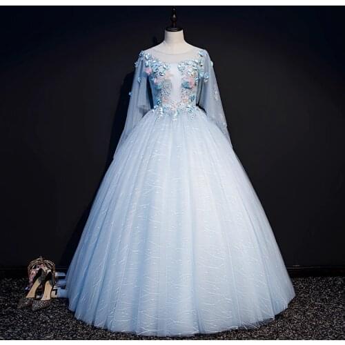 100%real pale blue embroidery petals vintage ball gown royal Medieval Renaissance Victorian dress Belle ball