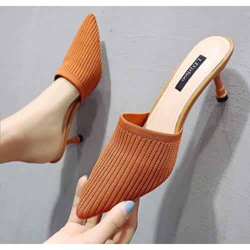 2021 Baotou Half Slippers Womens Outer Wear Fashion Fitting Shoes Black Pointed Stiletto High Heel Sandals Summer
