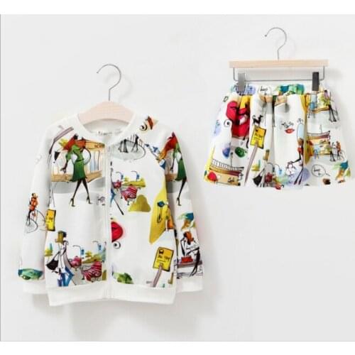 Cheap Childrens spring and autumn girls set printed childrens skirt + zipper coat childrens set 2-10 yrs kids girls clothes