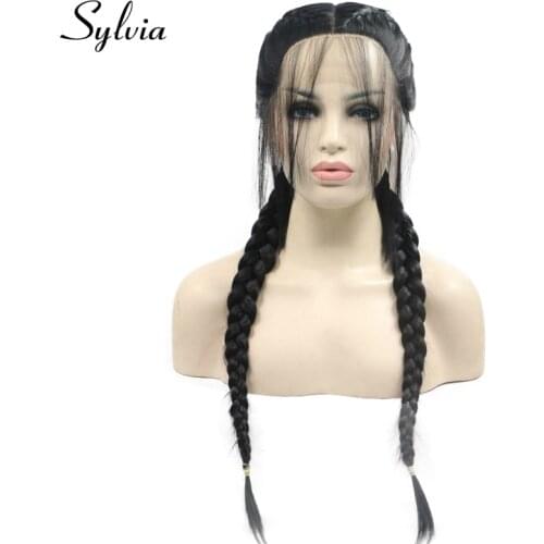 Braid Long Black Synthetic Lace Front Wig Ombre Blonde Braided Wigs 2 Braids Highlight Big Braiding Ponytail Baby Hair For Women