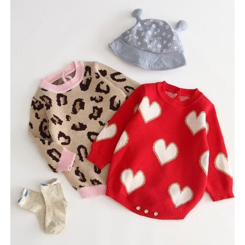 0-3Yrs Spring Baby Girls Leopard Rompers Warm Autumn Newborn Girls Kintted Romper Infant Boy Heart Pattern Overall Outfits