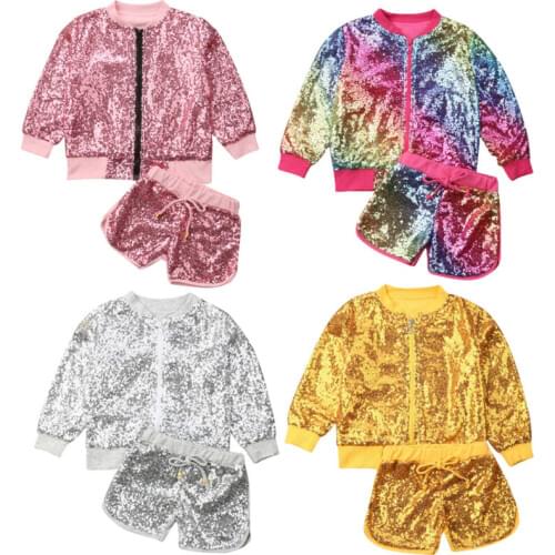 Pudcoco US Stock Girls Set Sequins Bling Bling Outfits Spring Zipper Jacket+Shorts Kids Clothes Set