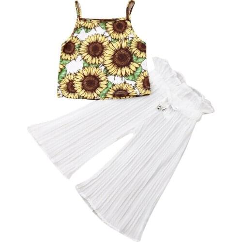 2pcs Toddler Kids Baby Girl Sunflower Tops T-shirt Long Pants Outfits Set Summer Sling Tops T-shirt Long Pants Outfits Set
