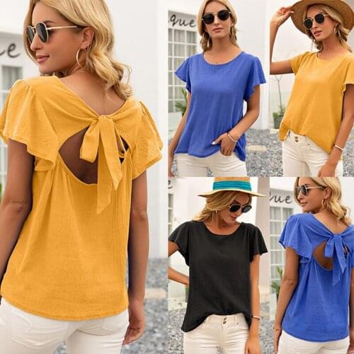 Summer Y2k Oversized Korean Fashion Kawaii Harajuku Cute Ruffle Short Sleeve Hollow Out Bow Backless Tees T Shirt Top Women 2021