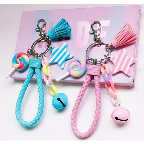 Cute Rainbow Key Chain Leather Strap Braided Rope Tassel Keychain for Women Girl Bell Star Lollipop Bag Charm Pendant 2020 New
