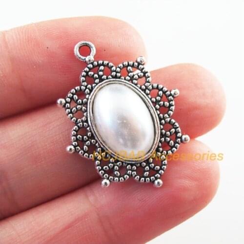 Fashion 12Pcs New Flower Charms Tibetan Silver Tone Retro Oval White Acrylic Pendants 23x29mm