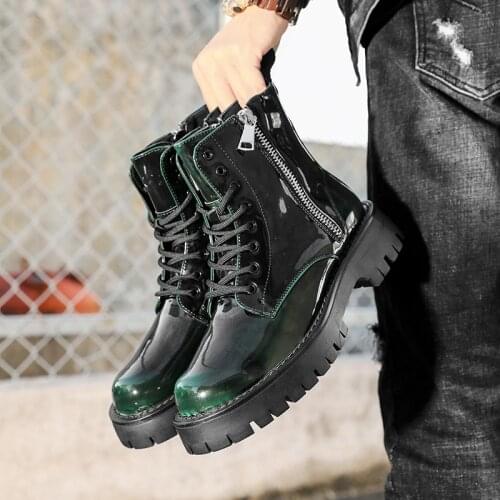 Fashion Green Chunky Motorcycle Boots Men Leather Platform Martin Boots Men Autumn Design High top Zipper Men Boots Botas Mujer