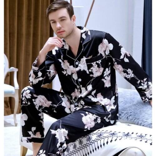 Mens New Large Size Silk Nightgown All Seasons Suit Long-sleeved Shirt+Trousers 2pcs Sleepwear Home Service Ice Silk 2019 J008