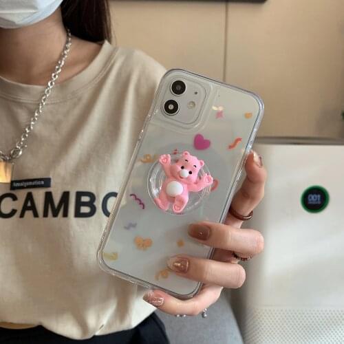 Transparent Cute Bear Holder Phone Case For Apple iPhone 11 Promax 12Mini XS X XR 7 8Plus Colorful Pattern Lens Protection Cover