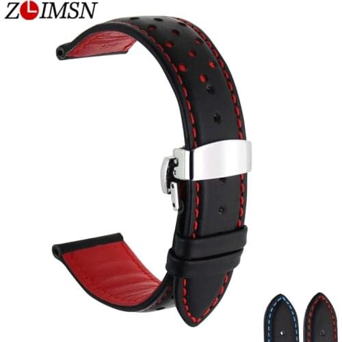 ZLIMSN Soft Genuine Leather Watch Band Strap Replacement Black Blue 20 22mm Men Watchbands 316L Stainless Steel Butterfly Buckle