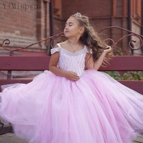 YiMinpwp Pink Flower Girl Dresses for Wedding Spaghetti Off Shoulder Floor Length Crystal Beads Bow Girls Pageant Dress