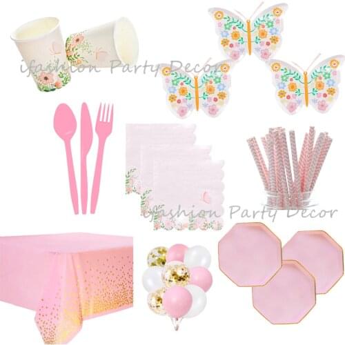 Pink Gold Disposable Tableware Plates Cups Napkins Butterfly Flower Design for Wedding Birthday Baby Shower Deocr Party Supplies