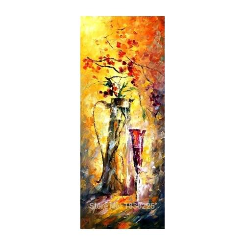 Hand Painted Still Life Knife Oil Painting on Canvas Flower in the Bottle with Red Wine Glass painting for Living Room Decor