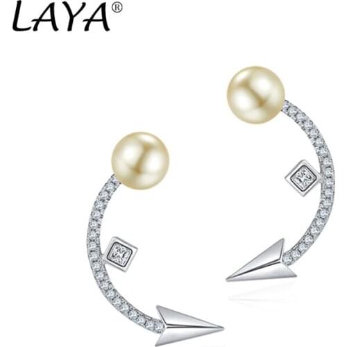 LAYA 925 Sterling Silver Shell Pearl Arrow Ear Hoops Earrings for Women Minimalist Simple Fine Elegant Weddings