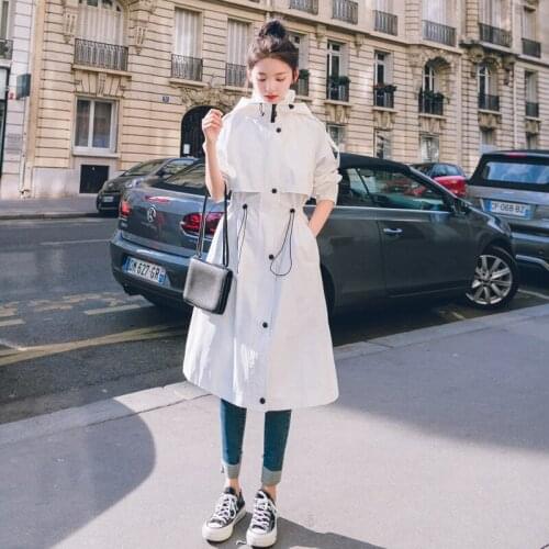 2021 Fashion Womens Trench Coats Hooded Long Adjustable Waist Spring Autumn Windproof Female Casual Clothes Drawstring Straight