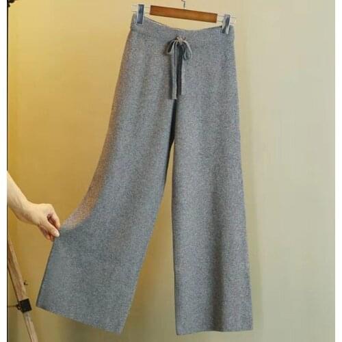 2021 Women Autumn Winter New Casual Straight Pants Female Drawstring Loose Pants Ladies High Waist Knit Wide Leg Trousers U518