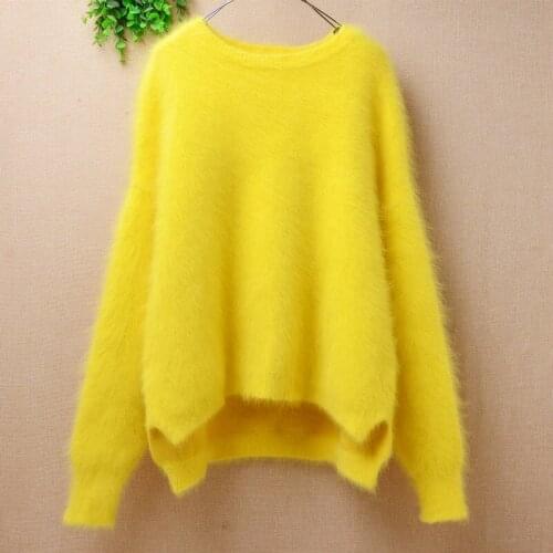 Ladies women fashion winter thick hairy plush mink cashmere knitted long sleeves loose split pullover angora fur jumper sweater