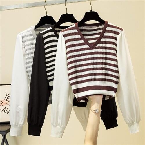 Spring Autumn Sweater Women Fashion Knitted Stripe Casual Lady Sweaters Long Sleeve Splicing Pullovers Woman Sweaters