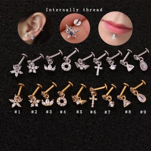 1pc Cartilage Helix Earring Stainless Steel Barbell With Cz Flower Cross Crown Waterdrop Dangle Tragus Ear Piercing New