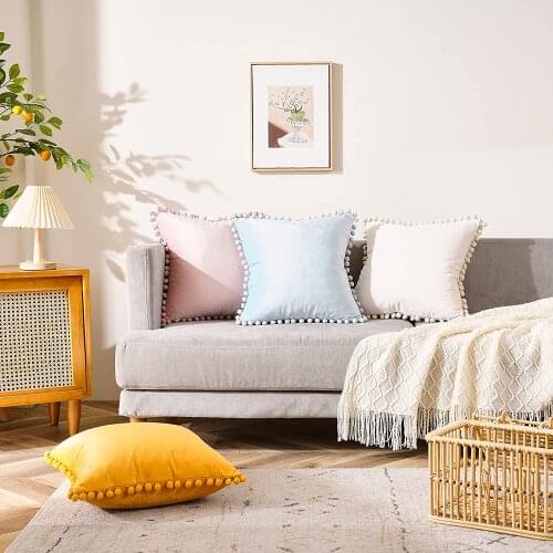 1PCS Cream Grey Pink Solid Velvet Decorative Pillows Case Soft Velvet Cushion Cover With Pompom Ball Sofa Pillow Cover 45-45CM