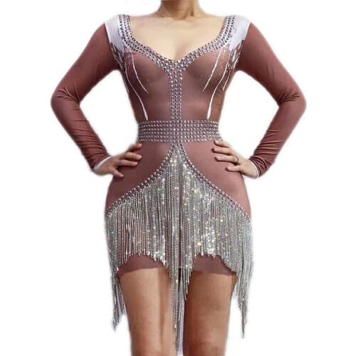 Shining Silver Chain Tassel Women Dresses Tight Stretch Backless Short Dresses Nightclub Dance Show Wear Evening Prom Outfit