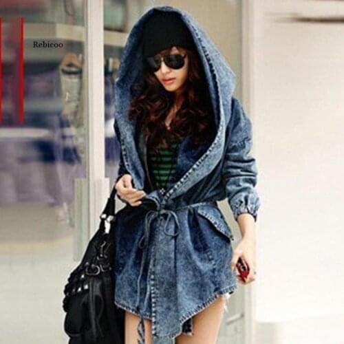 Spring Autumn Women Jacket Cardigan Windbreaker Lace Up Bandage Hooded Cloak Denim Jacket Denim Belt Coats