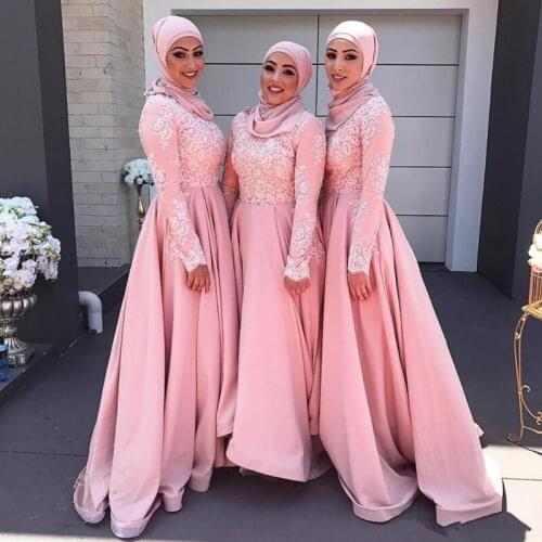 Elegant Pink Long Sleeve Muslim Prom Gowns Dubai Kaftan Lace A-Line Evening Formal Dress for Wedding Party