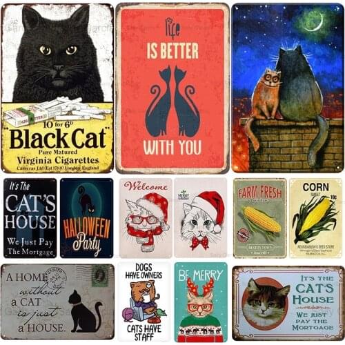 Halloween Santa Claus Small Animal Cat Metal Tin Sign Cute Holiday Metal Plate Pet Shop Pendant Plaque Iron Painting
