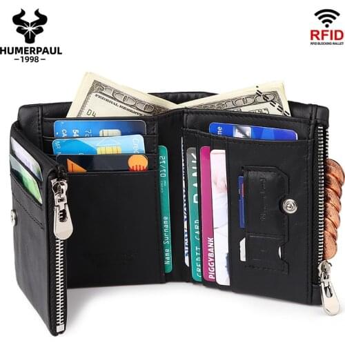HOT Genuine Crazy Horse Cowhide Leather Men Wallet Three Fold Anti RFID Vintage Wallets High Quality Designer Coin Purse New