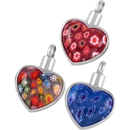 IJD8427 Stainless Steel Murano Glass Flower Heart Shape Cremation Pendant Necklace Memorial Ashes Urn Keepsake Jewelry