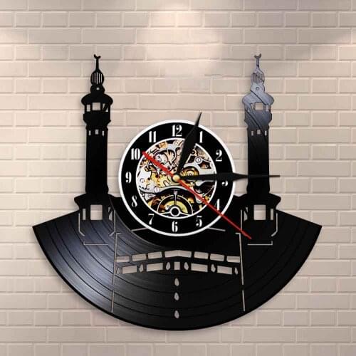 Islamic Vintage Wall Clock Kaba Muslim Architecture Home Decor Clock Gift Famous City Mecca Wall Sign Vinyl Record Wall Clock