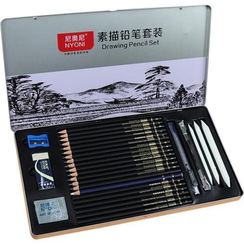 NYONI 29pcs Sketch Drawing Pencil Set 2H H HB 2B 4B 6B 8B 12B 14B Charcoal Carbon Pen Wood Painting Pencils Stationery Supplies
