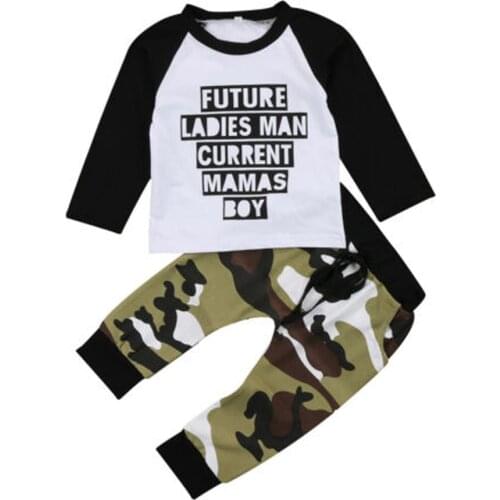 Fashion Autumn Newborn Toddler Kids Baby Boy Outfits Letter Long Sleeve T-shirt Tops+Camouflage Pants Trousers 2Pcs Set 0-5T