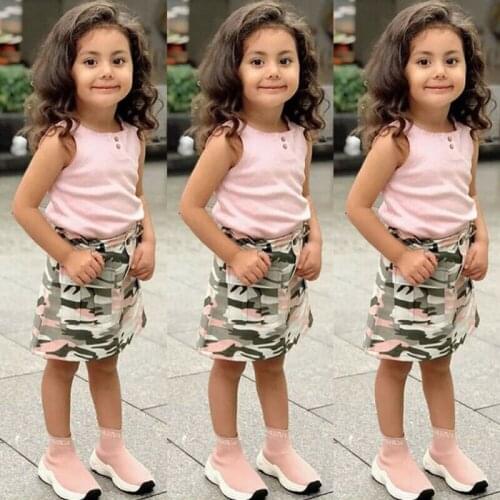 2PCS Toddler Baby Girls Summer Clothes Set Tops Vest+Camo Mini Skirt Outfits