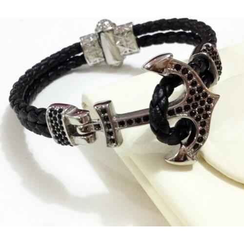 Punk Atolyestone Emperor Navy Anchor Bracelet Men Stainless Steel Blue Leather Cuff Bracelets & Bangles Men Women Gift