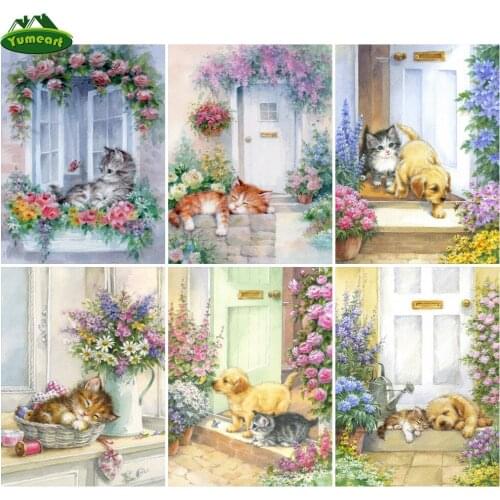 Yumeart DIY 5D Diamond Embroidery Cat Flower Door Square Diamond Painting by Number Animal Garden Picture Of Beaded Hobbies