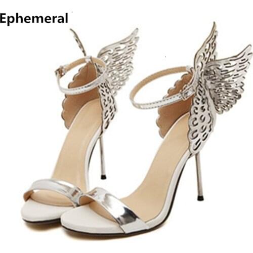 Lady Novelty Fashion Butterfly Wing Top Sold Buckle Strap Round Toe Nigh Club Metal High Heels Sandals Women Party Pumps Shoes