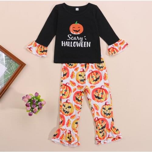 Toddler Girls Clothes 2Pcs Halloween Outfits Letter Print Tops Ruffle Pants Children Clothing Set