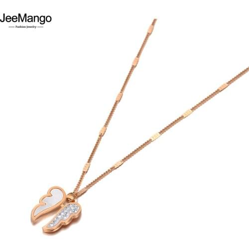 JeeMango Bohemia Design Shell & Crystal Double Wings Charm Pendant Necklaces For Women Trendy Stainless Steel Necklace JN20171