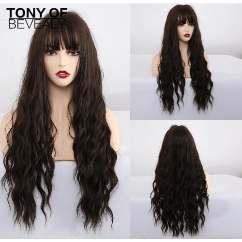 Long Synthetic Water Wave Wigs With Bangs Natural Curly Dark Brown Wigs for Women Cosplay Wigs Heat Resistant Fiber Wigs
