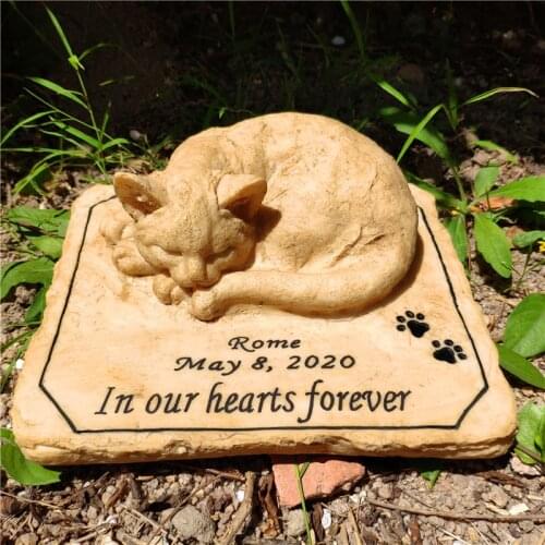 Personalized Cat Memorial Stones with A 3-D Sleeping Cat On The Top Paw Print Outdoors Indoors forGarden Backyard Grave Markers