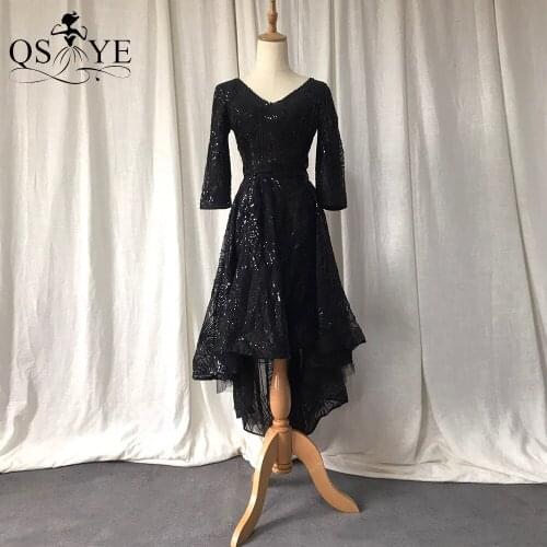 QSYYE Black Short Prom Dresses Long Sleeves Sequin Prom Gown V Neck Pattern Lace Party Black Evening Gown Shiny High-Low Dress