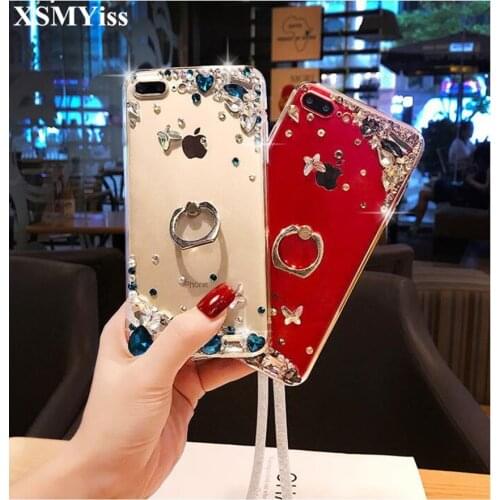 XSMYiss luxury Bling Rhinestone Crystal Diamond Ring Holder Stand Soft Phone Case Cover For iPhone 12 11 Pro XS MAX XR 7 8 Plus