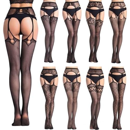 Sexy Stockings Fishnet Lace Soft Top Thigh High Stockings + Garter Belt Suspenders Underwear Womens Black Floral Pantyhose