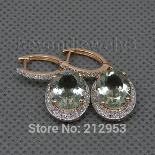 Oval 9x11mm Natural Diamonds Green Amethyst Earrings 14K Rose Gold Drop Earrings For Wedding Party