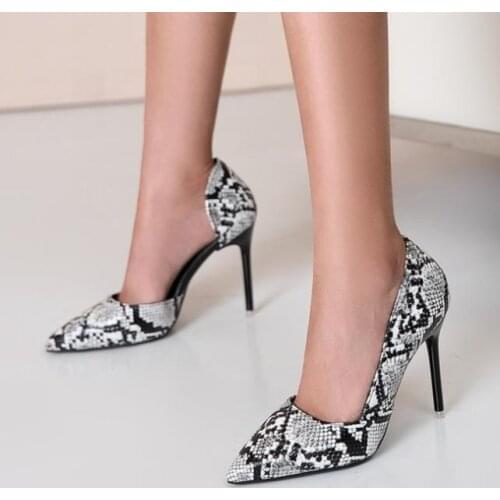 New Fashion Stilettos Women High Heel Shoes Pointed Toe Snakeskin Print Thin Heels Shoes Ladies Leather Pumps Wedding Shoes