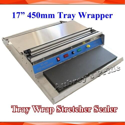 17" 450mm Width Food Tray Wrapper Stretcher Film Wrap Sealer Sealing Wrapping Machine