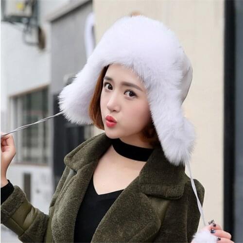 Woman Plus Size Autumn Thick Bombers Hats Female Winter Oversized Warm Protection Ear Caps Lady Solid High Imitation Fox Fur Hat