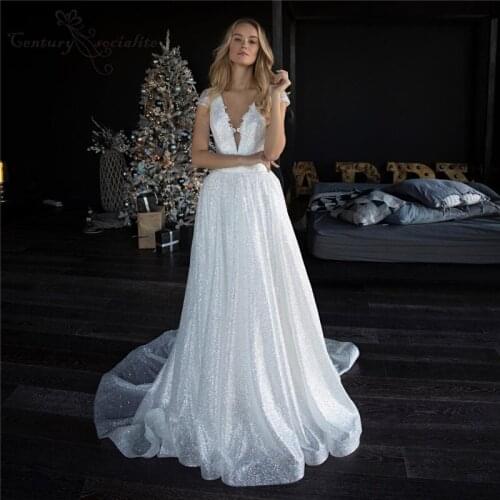 Sparkle Wedding Dresses Boho Bride Gowns with Sleeves Lace Appliques Sheer O-Neck Beach Bridal Dress Glitter Vestido De Novia